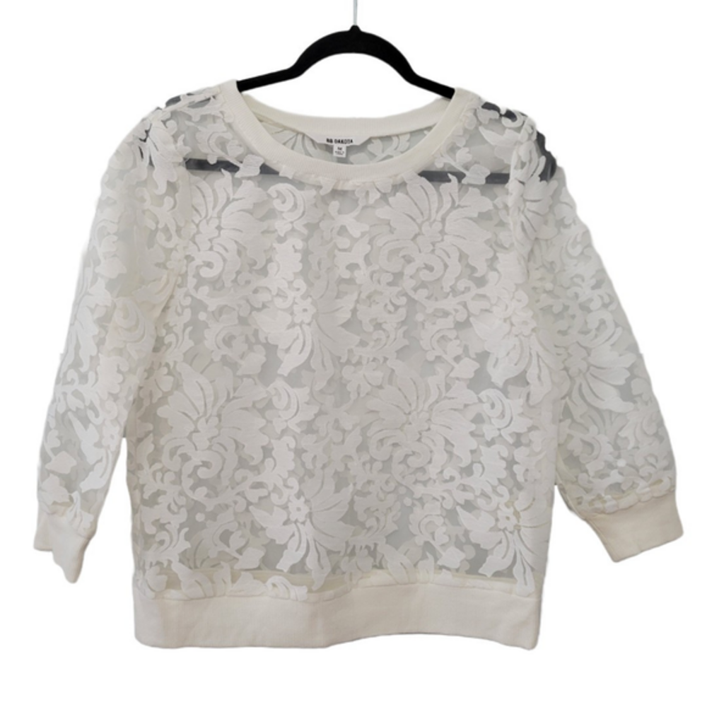 NWT BB Dakota Ivory Lace Sheer Long Sleeve Crewneck Top‎ Size M Women's Blouse